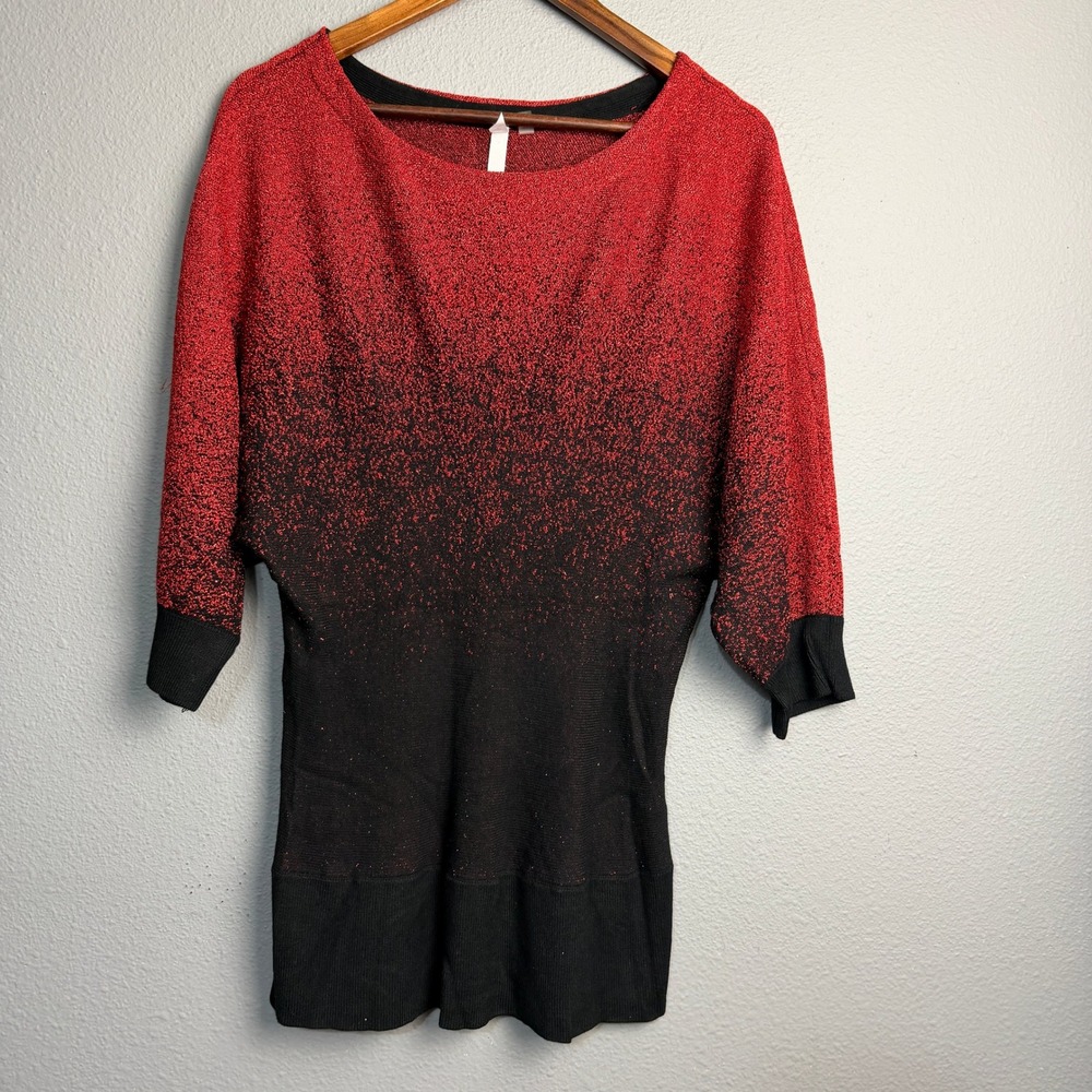 NY Collection Womens 1X Red Black Ombre Sparkle Knit Dolman Witchy Tunic Sweater
